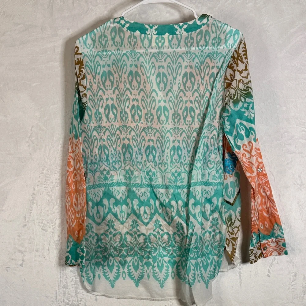 Chico's Embordered Beaded Cotton Pull Over Blouse Medium